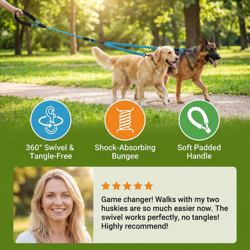 2-in-1 Double Dog Lead with 360° Swivel – Tangle-Free & Shock-Absorbing